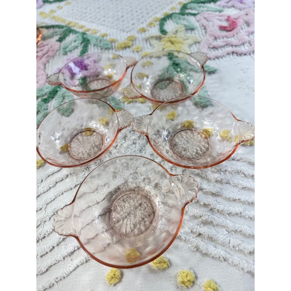 Vintage Hocking Glass Pink Depression Glass Thousand Line Berry‎ Bowls Set of 5